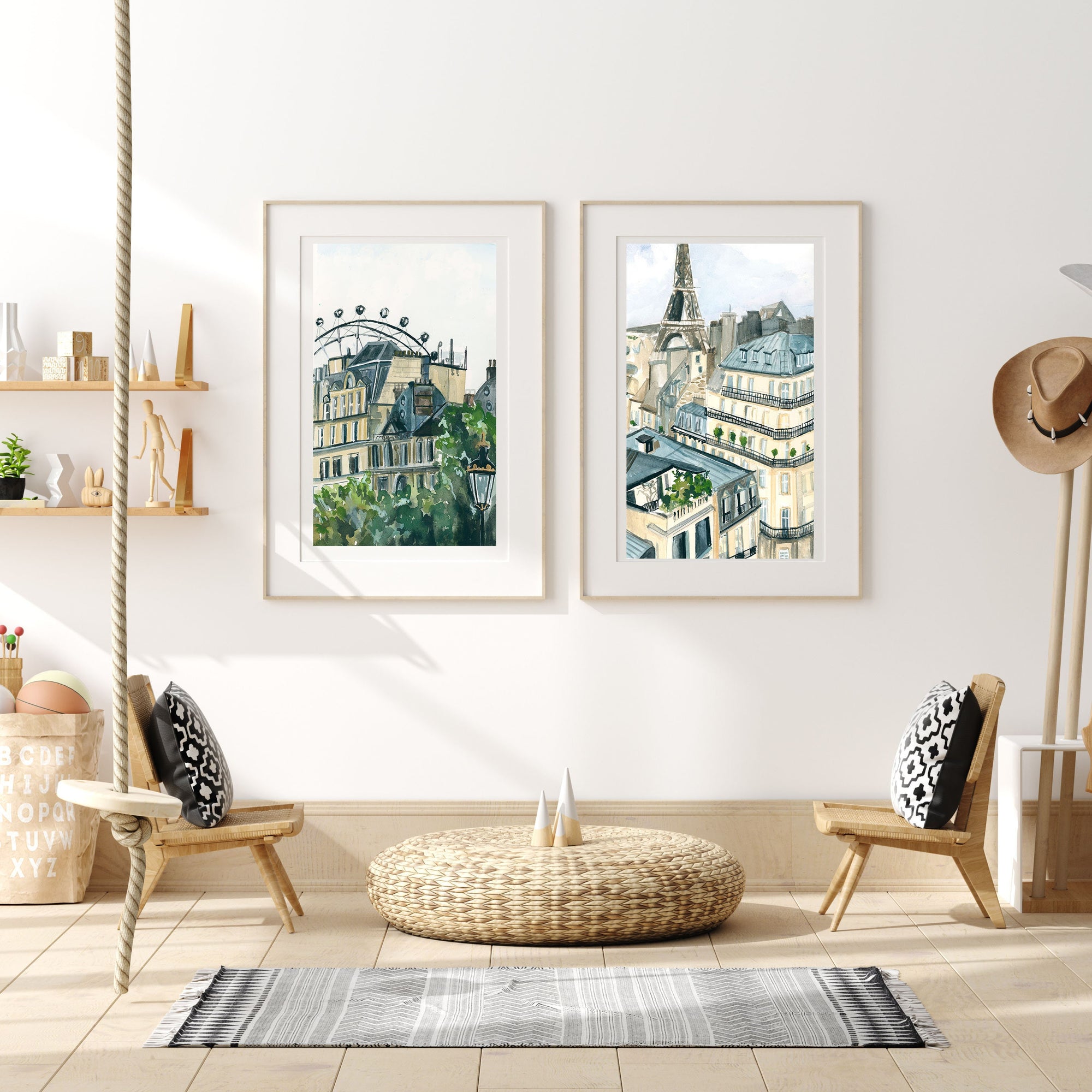 Parisian buildings and Eiffel tower print of painting by Medjool Studio. Print of original gouache painting based on the artist's own travels to Europe detailing historic architecture and the Eiffel tower.