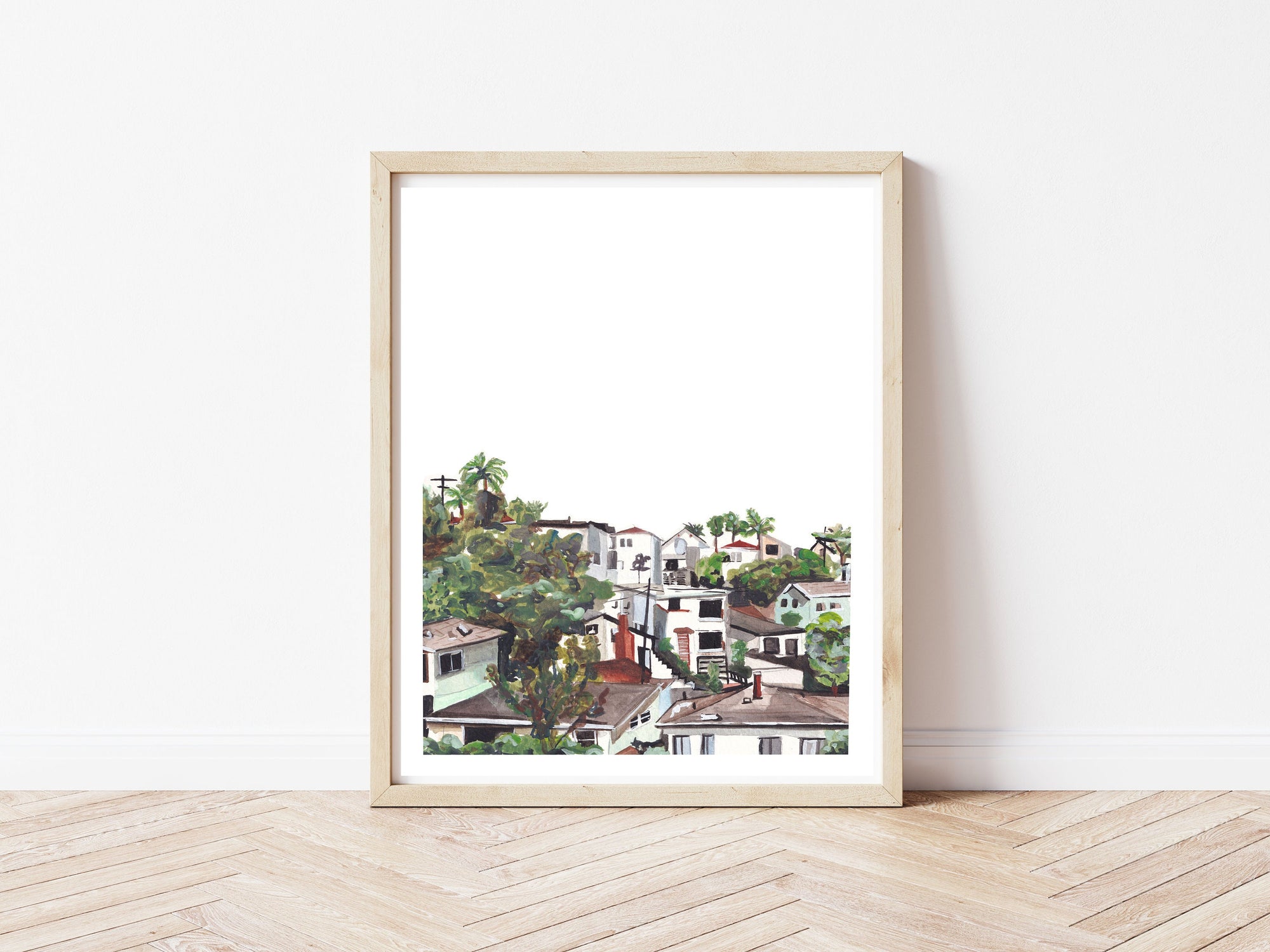Silverlake, Los Angeles neighborhood print of painting by Medjool Studio. Print of an original gouache painting of a neighborhood in Silverlake, Los Angeles featuring white houses and greenery.  