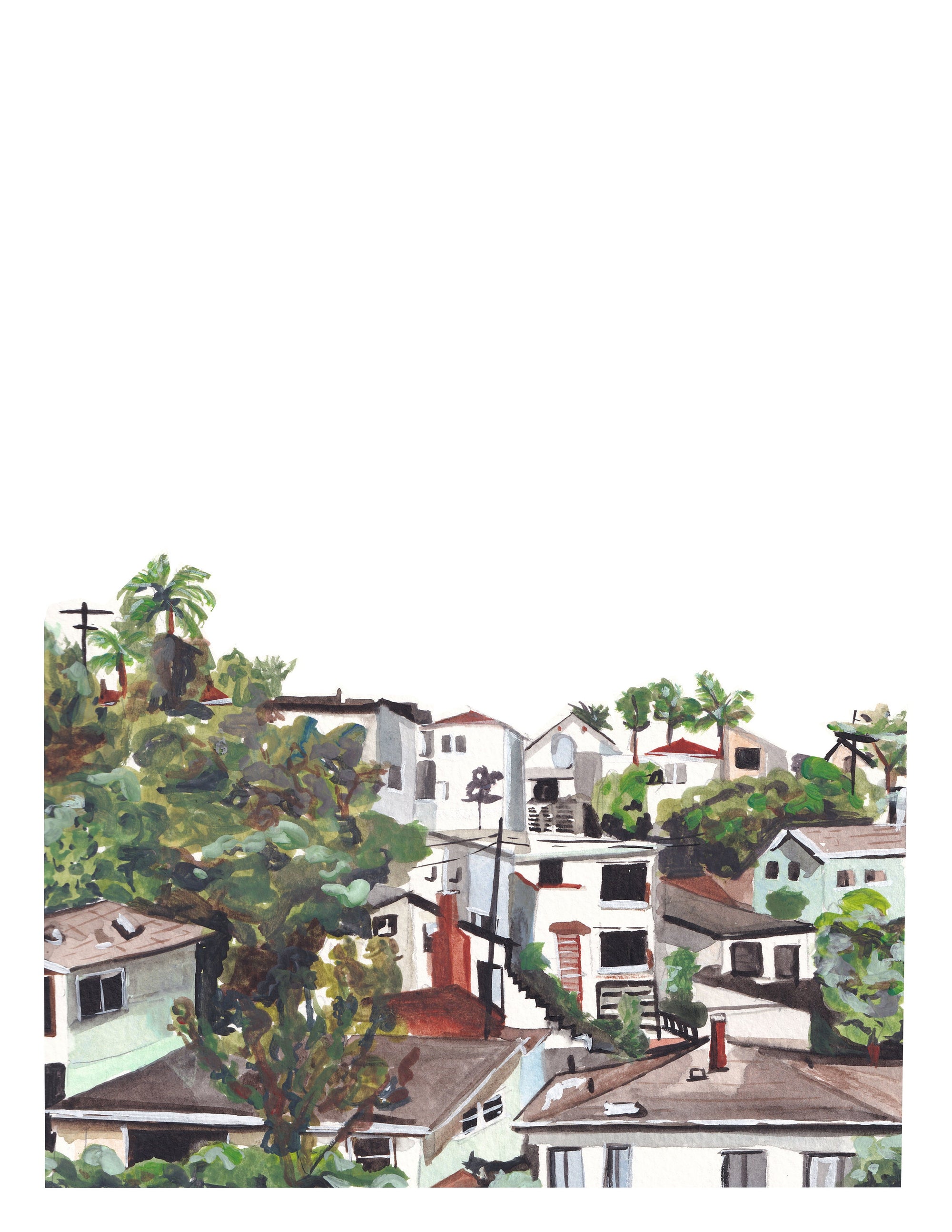 Silverlake, Los Angeles neighborhood print of painting by Medjool Studio. Print of an original gouache painting of a neighborhood in Silverlake, Los Angeles featuring white houses and greenery.  