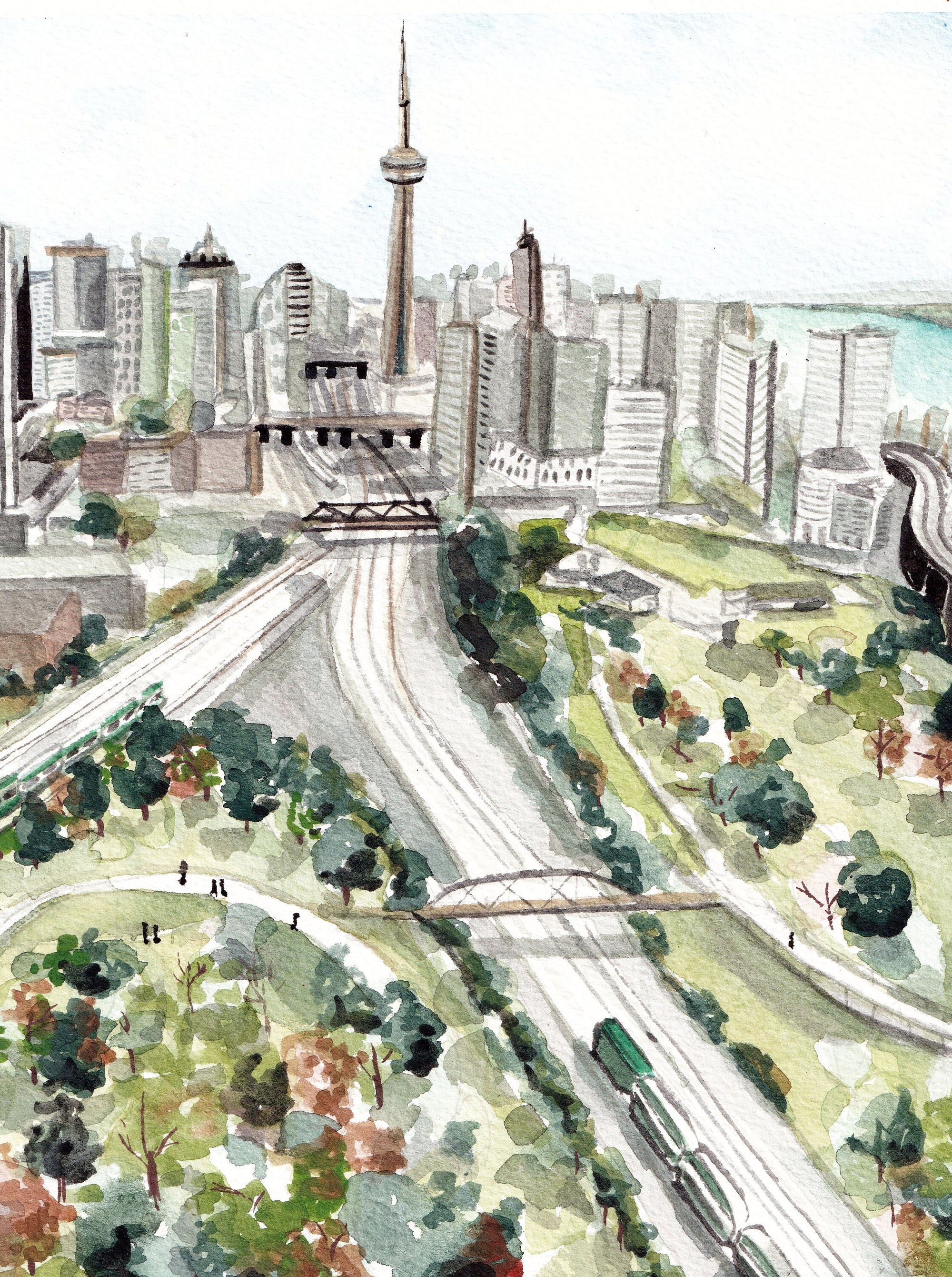 Toronto cityscape print of painting by Medjool Studio. Print of an original gouache painting of the Toronto cityscape. 